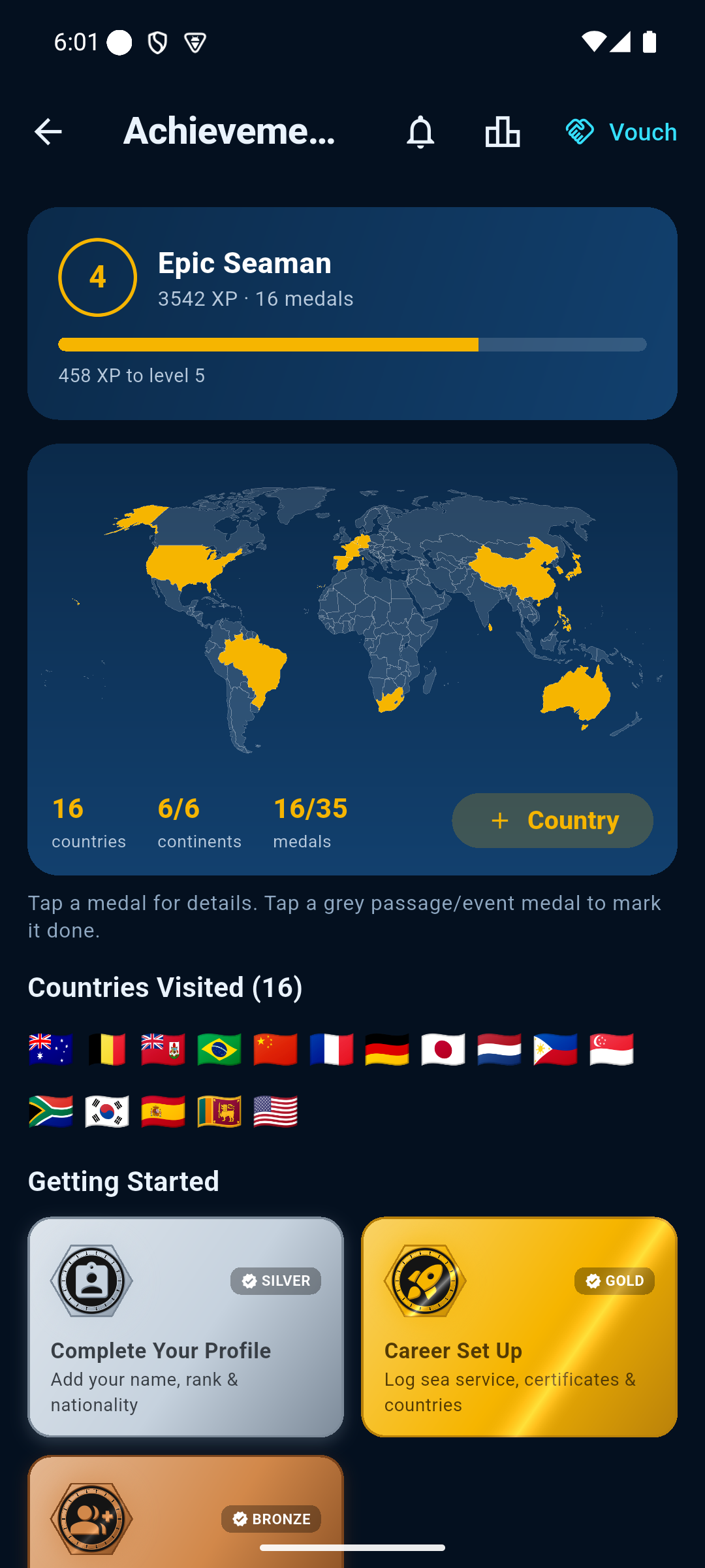 Seaman App — achievements screen with a world map of countries visited, career level and medals